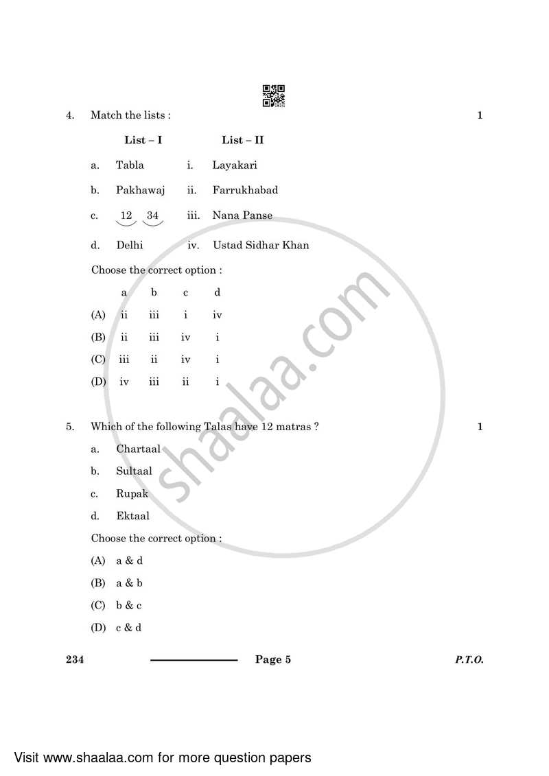 Hindustani Music Percussion Instruments 2023-2024 Class 10 - CBSE (Central Board of Secondary Education) question paper with PDF download