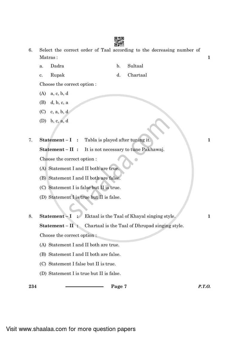 Hindustani Music Percussion Instruments 2023-2024 Class 10 - CBSE (Central Board of Secondary Education) question paper with PDF download