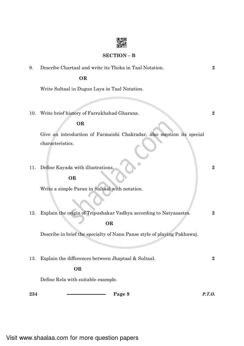 Hindustani Music Percussion Instruments 2023-2024 Class 10 - CBSE (Central Board of Secondary Education) question paper with PDF download