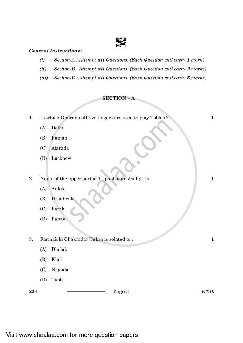 Hindustani Music Percussion Instruments 2023-2024 Class 10 - CBSE (Central Board of Secondary Education) question paper with PDF download