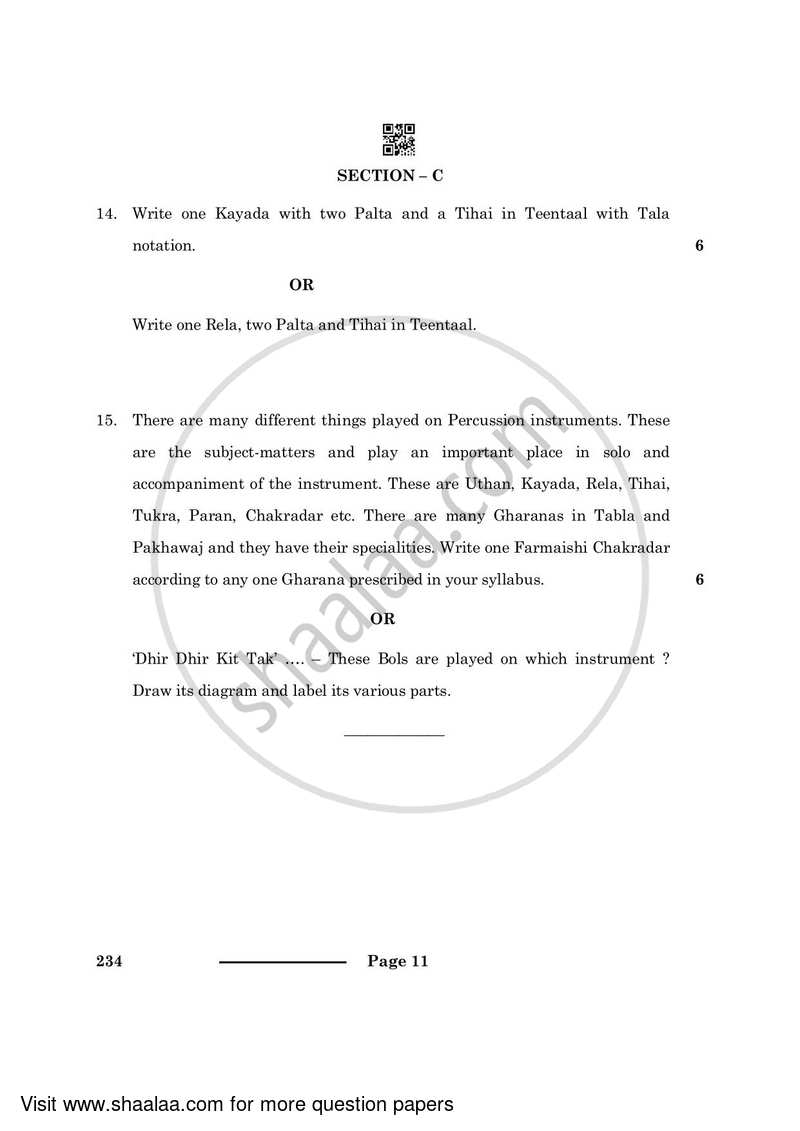 Hindustani Music Percussion Instruments 2023-2024 Class 10 - CBSE (Central Board of Secondary Education) question paper with PDF download
