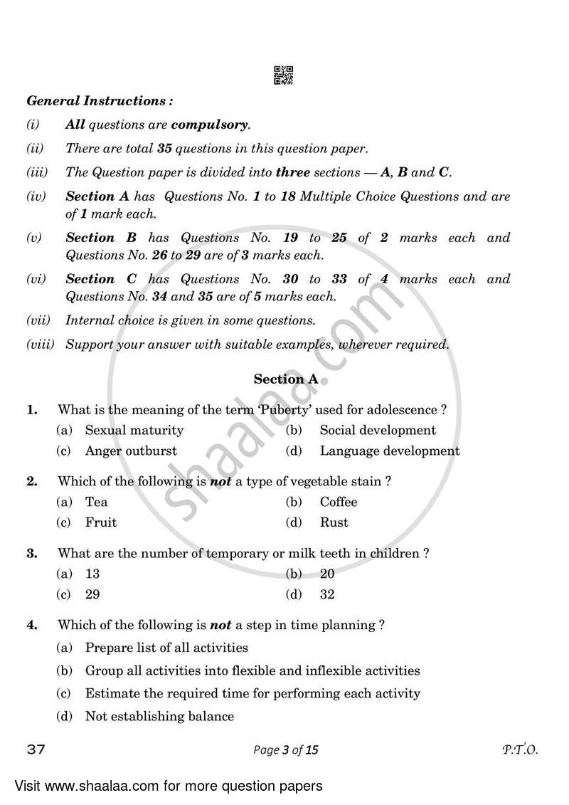 Home Science 2022-2023 Class 10 - CBSE (Central Board of Secondary Education) question paper with PDF download