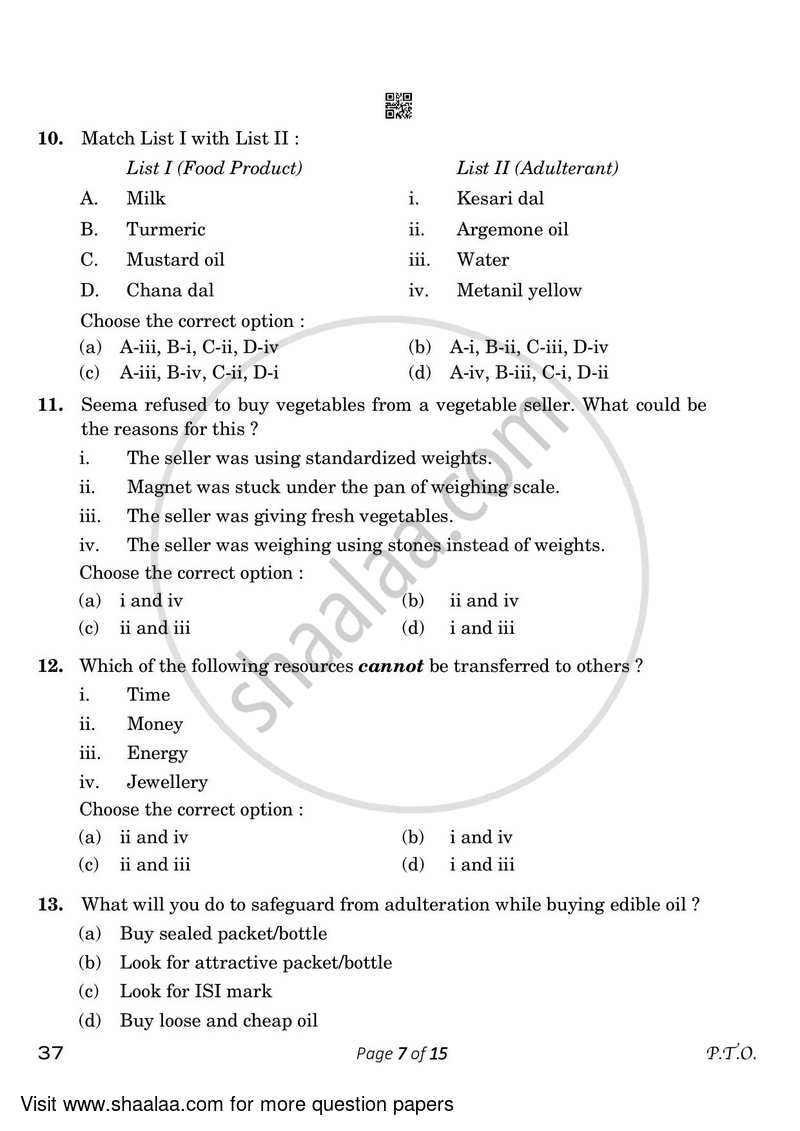 Home Science 2022-2023 Class 10 - CBSE (Central Board of Secondary Education) question paper with PDF download