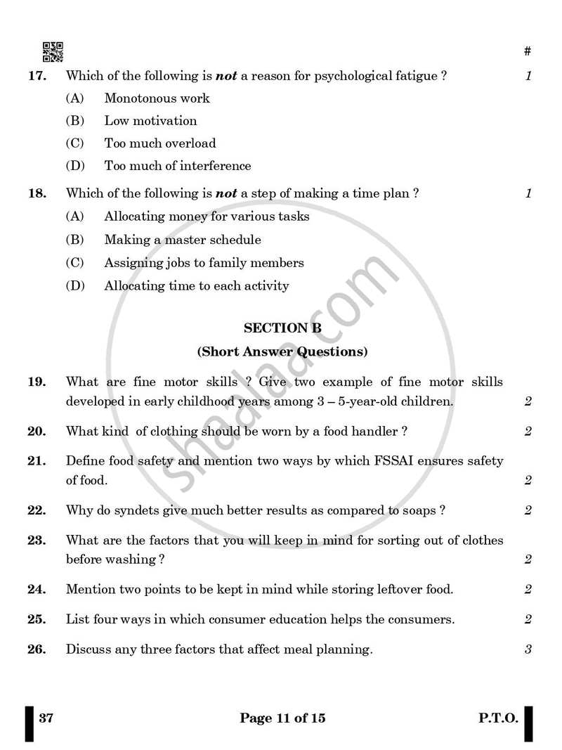 Home Science 2024-2025 Class 10 - CBSE (Central Board of Secondary Education) question paper with PDF download