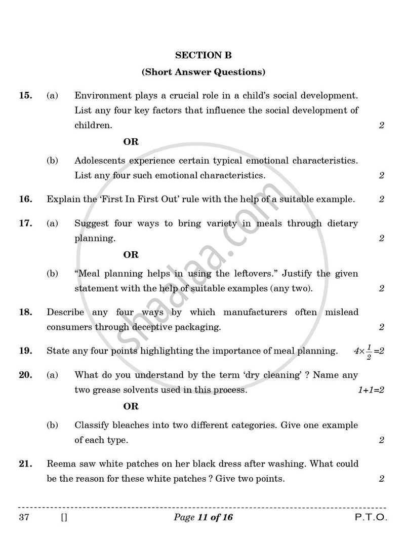 Home Science 2025-2026 Class 10 - CBSE (Central Board of Secondary Education) question paper with PDF download