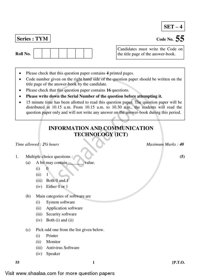 Information and Communication Technology 2017-2018 Class 10 - CBSE (Central Board of Secondary Education) question paper with PDF download