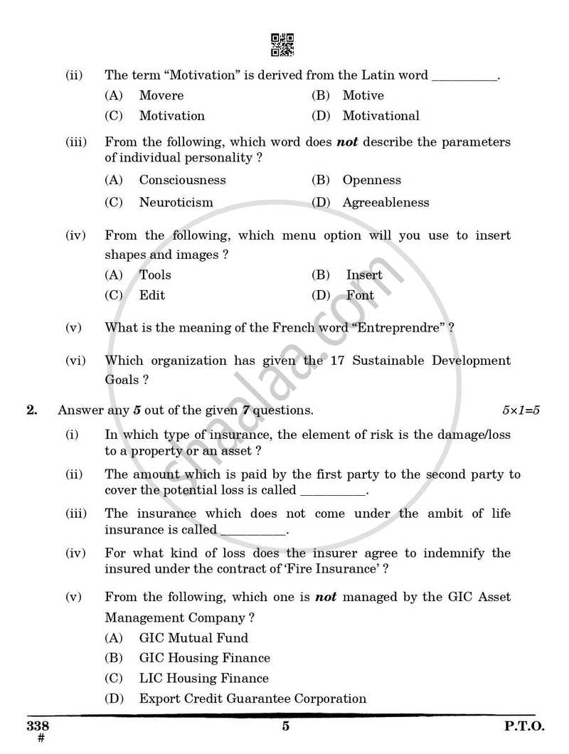 Insurance 2024-2025 Class 12 - CBSE (Central Board of Secondary Education) question paper with PDF download