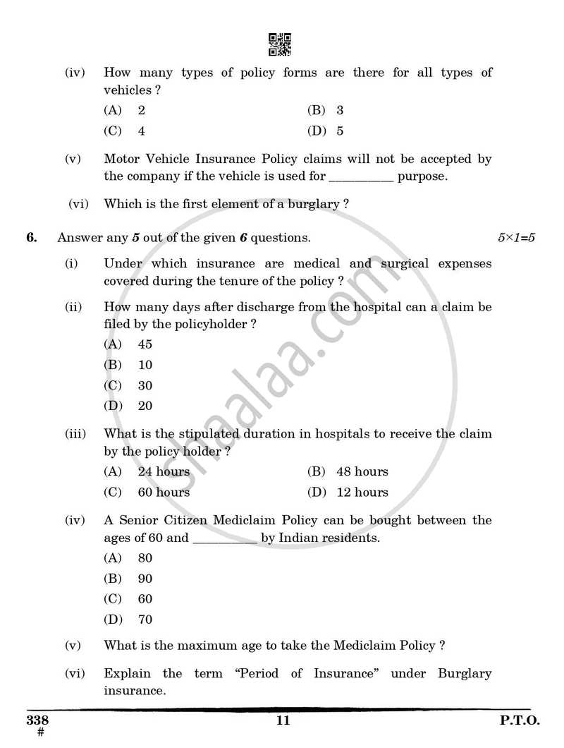 Insurance 2024-2025 Class 12 - CBSE (Central Board of Secondary Education) question paper with PDF download