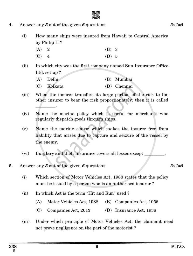 Insurance 2024-2025 Class 12 - CBSE (Central Board of Secondary Education) question paper with PDF download