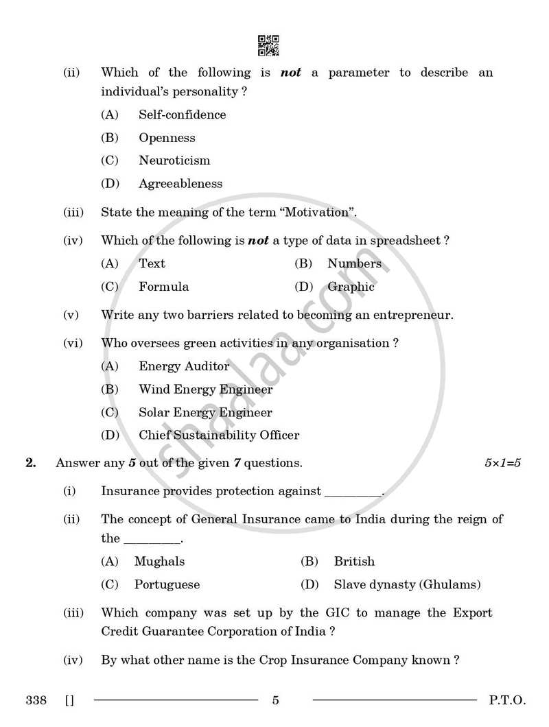 Insurance 2025-2026 Class 12 - CBSE (Central Board of Secondary Education) question paper with PDF download