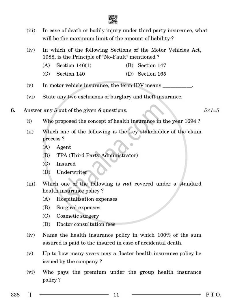 Insurance 2025-2026 Class 12 - CBSE (Central Board of Secondary Education) question paper with PDF download
