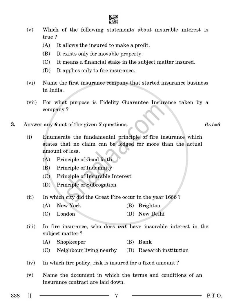 Insurance 2025-2026 Class 12 - CBSE (Central Board of Secondary Education) question paper with PDF download