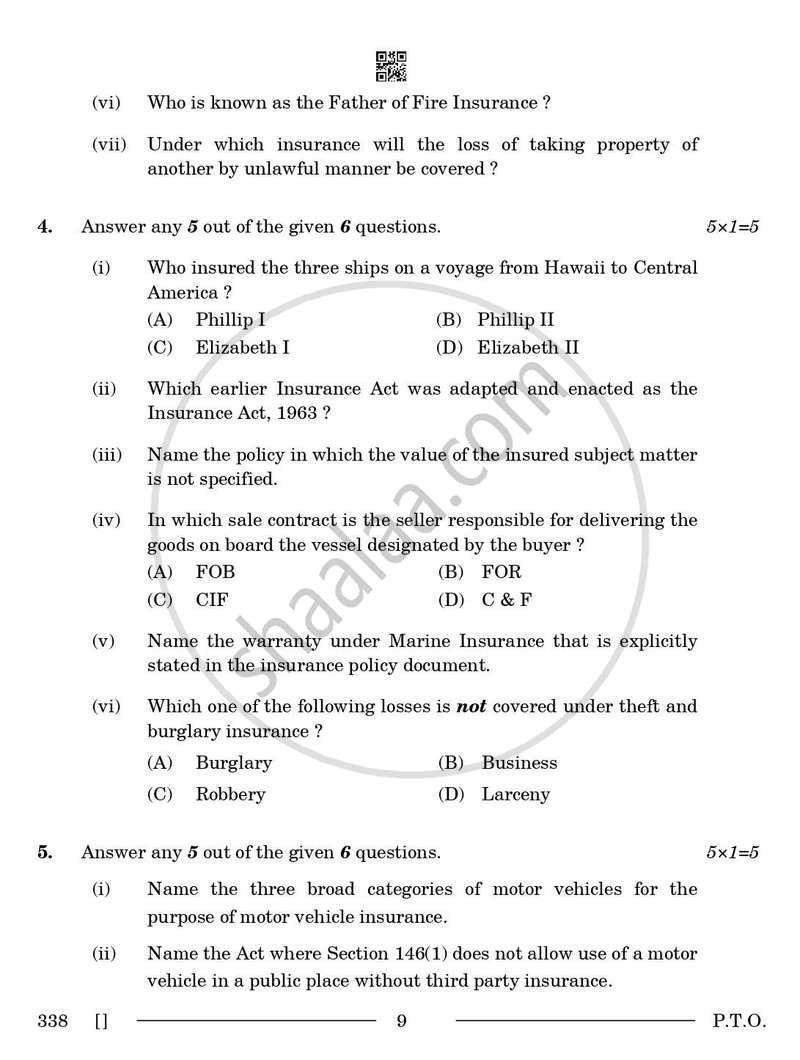 Insurance 2025-2026 Class 12 - CBSE (Central Board of Secondary Education) question paper with PDF download