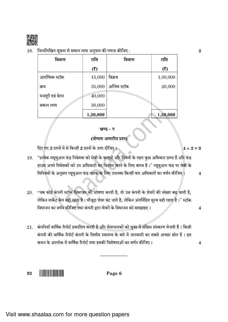 Introduction to Financial Markets 2021-2022 Class 10 - CBSE (Central Board of Secondary Education) question paper with PDF download