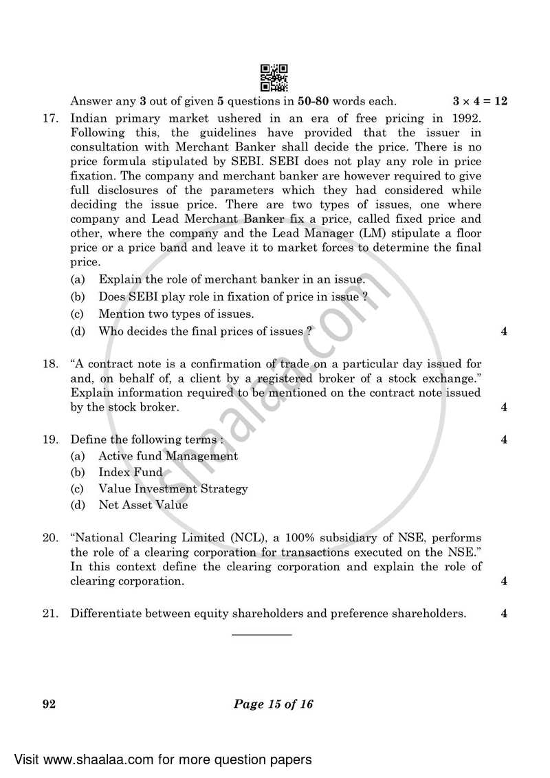 Introduction to Financial Markets 2022-2023 Class 10 - CBSE (Central Board of Secondary Education) question paper with PDF download