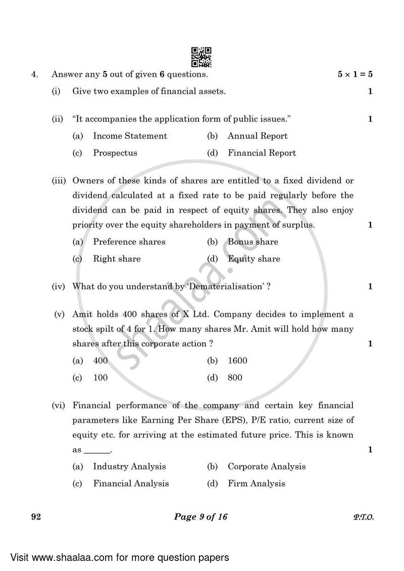 Introduction to Financial Markets 2022-2023 Class 10 - CBSE (Central Board of Secondary Education) question paper with PDF download