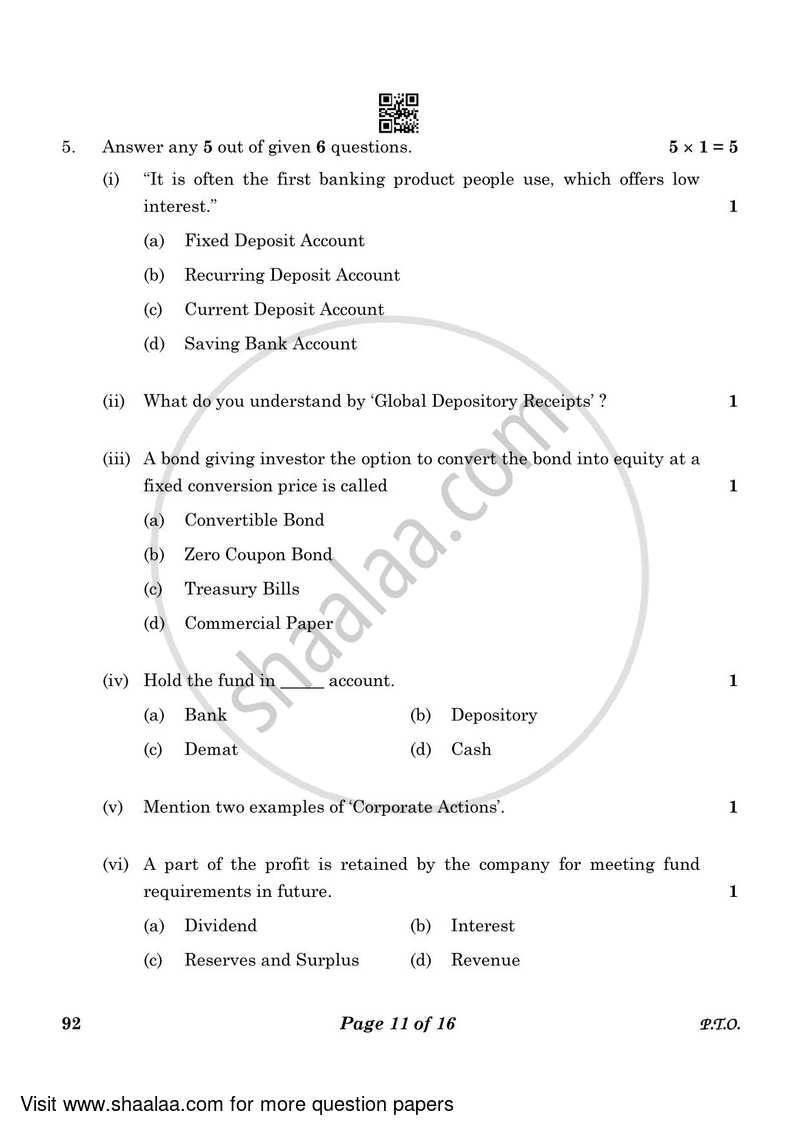 Introduction to Financial Markets 2022-2023 Class 10 - CBSE (Central Board of Secondary Education) question paper with PDF download