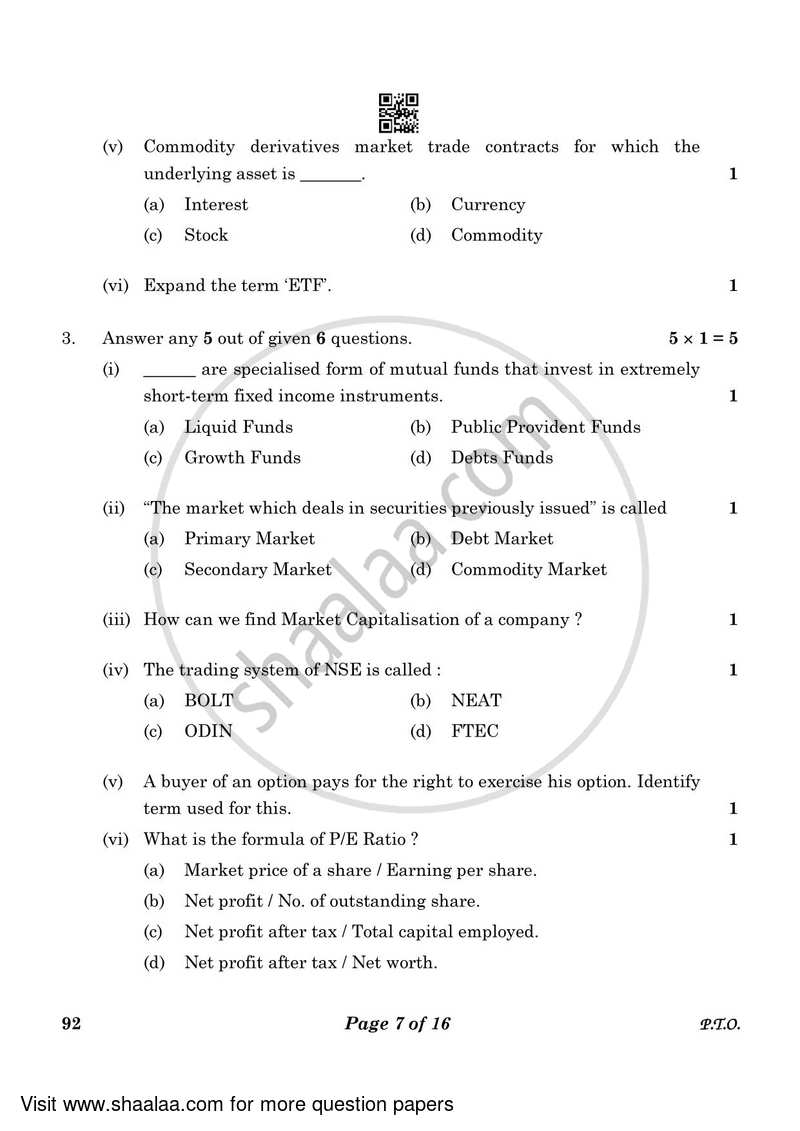 Introduction to Financial Markets 2022-2023 Class 10 - CBSE (Central Board of Secondary Education) question paper with PDF download