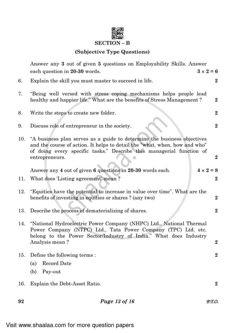 Introduction to Financial Markets 2022-2023 Class 10 - CBSE (Central Board of Secondary Education) question paper with PDF download