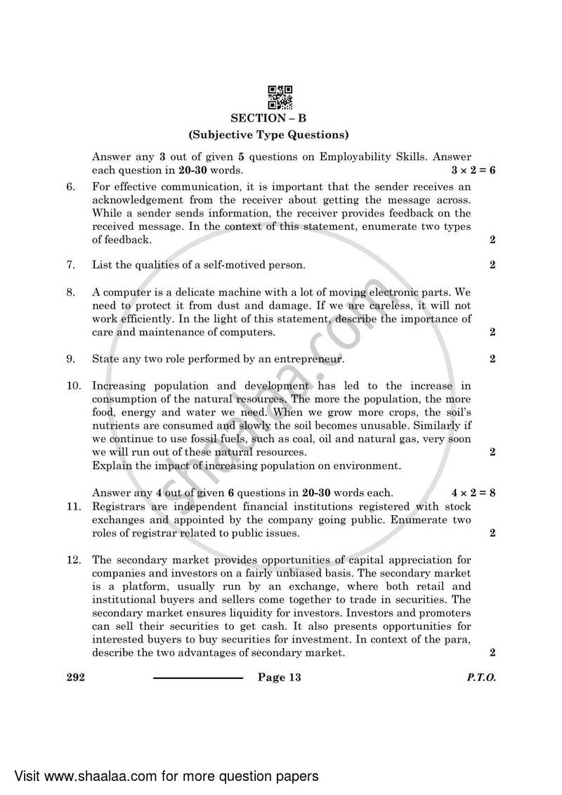 Introduction to Financial Markets 2023-2024 Class 10 - CBSE (Central Board of Secondary Education) question paper with PDF download