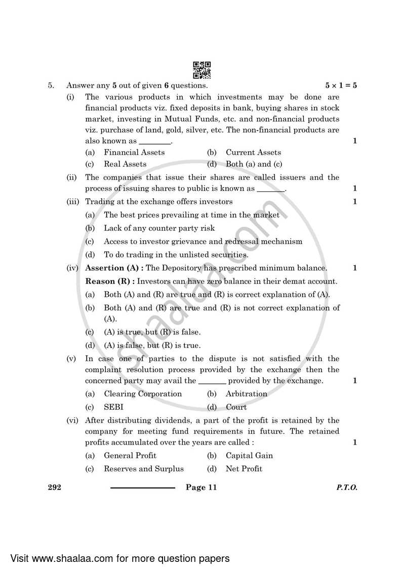 Introduction to Financial Markets 2023-2024 Class 10 - CBSE (Central Board of Secondary Education) question paper with PDF download