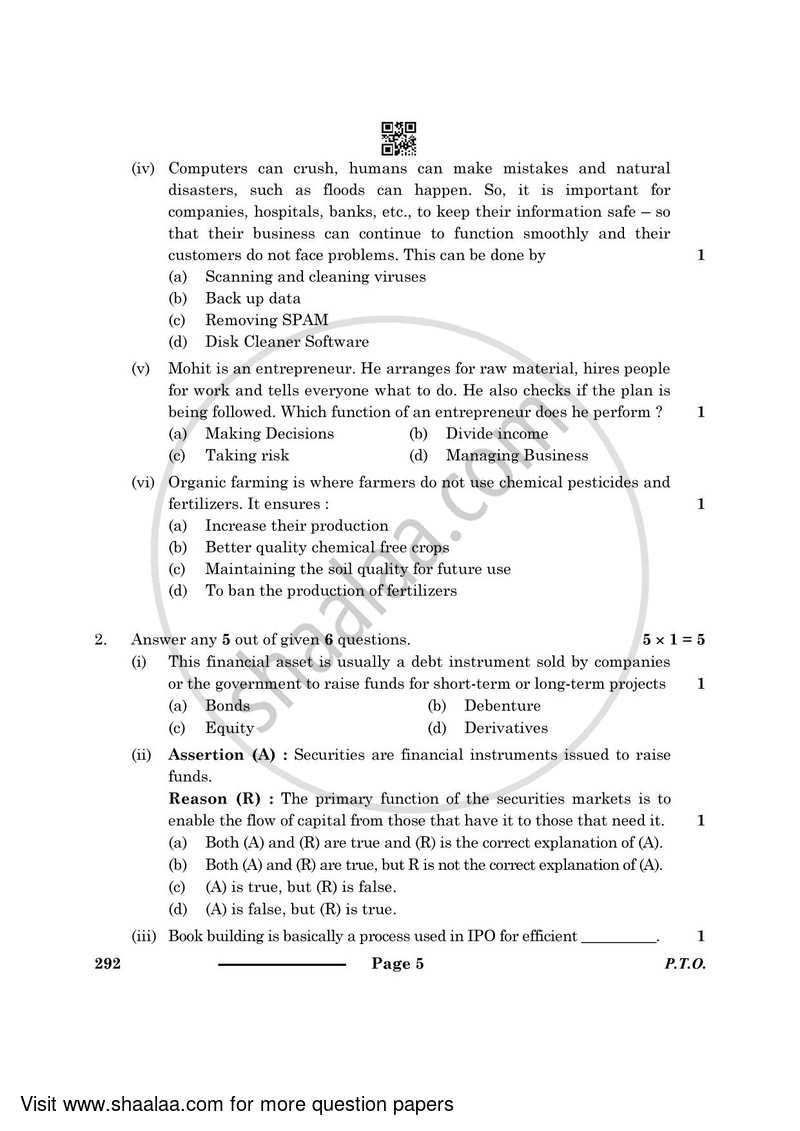 Introduction to Financial Markets 2023-2024 Class 10 - CBSE (Central Board of Secondary Education) question paper with PDF download