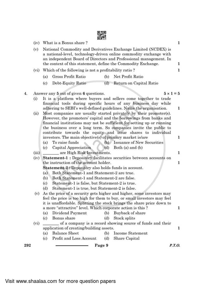 Introduction to Financial Markets 2023-2024 Class 10 - CBSE (Central Board of Secondary Education) question paper with PDF download