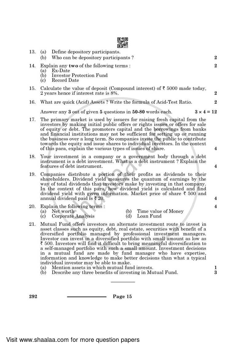 Introduction to Financial Markets 2023-2024 Class 10 - CBSE (Central Board of Secondary Education) question paper with PDF download