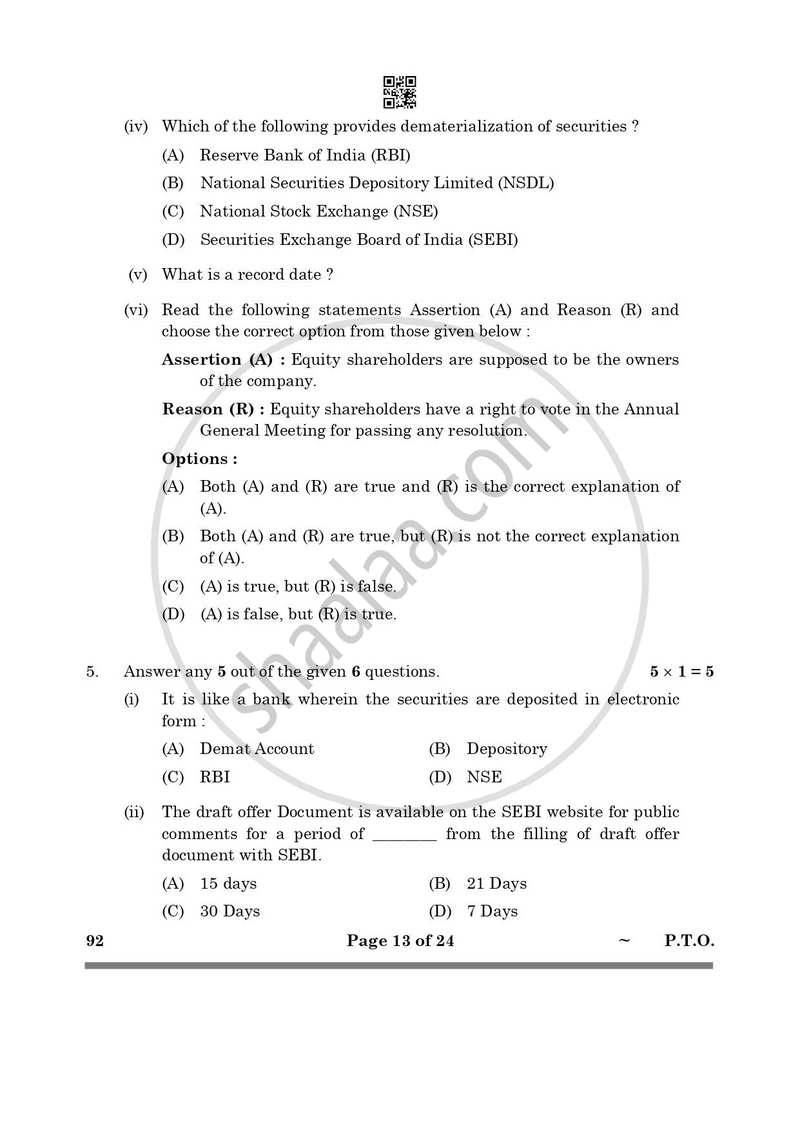 Introduction to Financial Markets 2024-2025 Class 10 - CBSE (Central Board of Secondary Education) question paper with PDF download