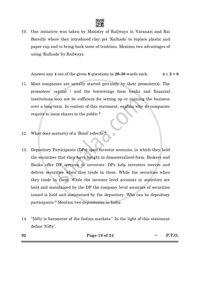 Introduction to Financial Markets 2024-2025 Class 10 - CBSE (Central Board of Secondary Education) question paper with PDF download