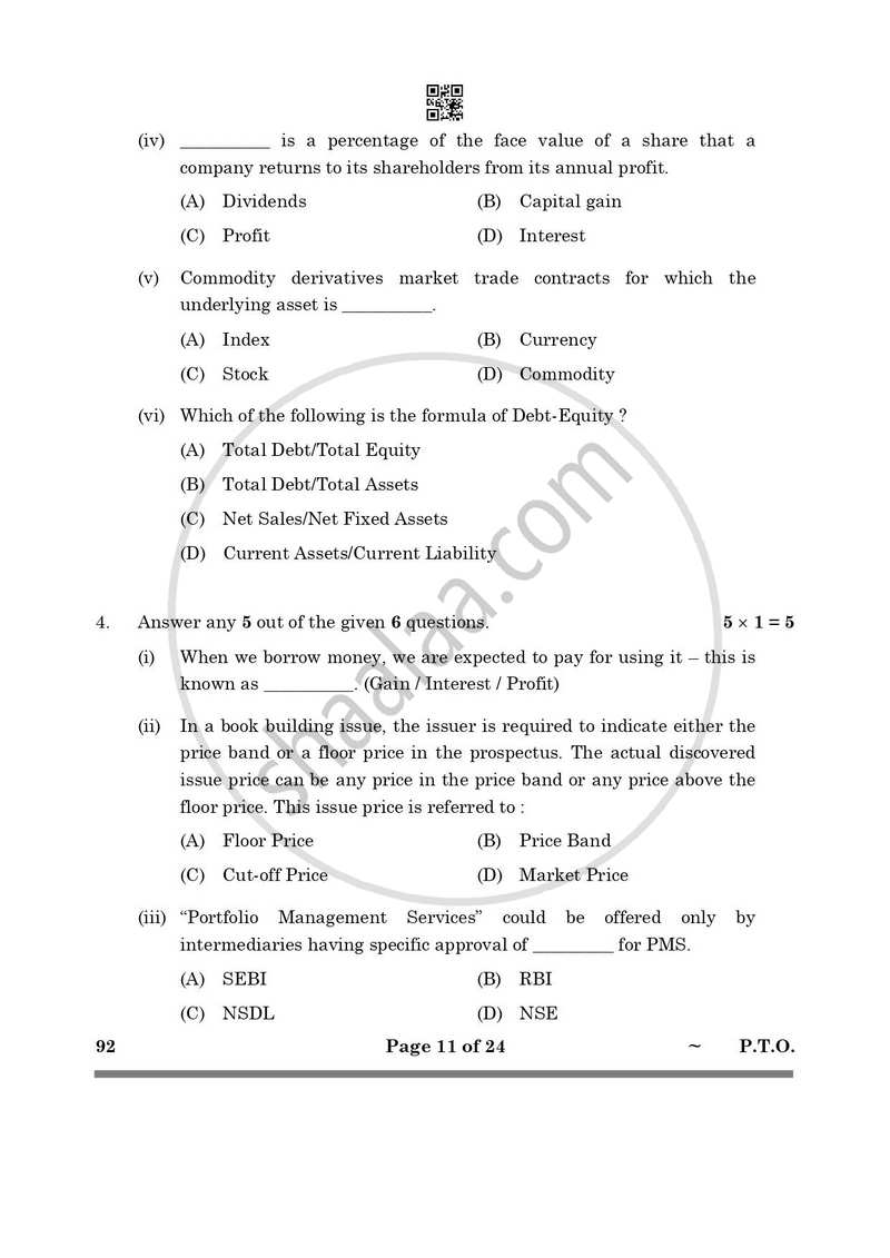 Introduction to Financial Markets 2024-2025 Class 10 - CBSE (Central Board of Secondary Education) question paper with PDF download