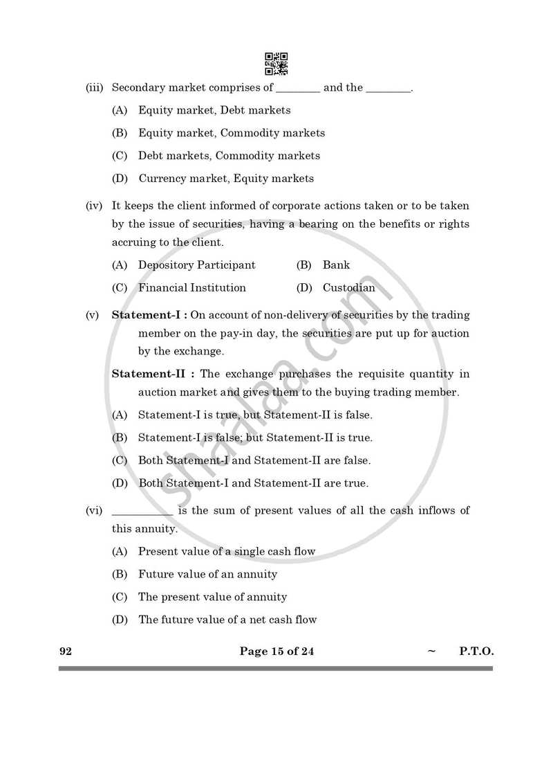 Introduction to Financial Markets 2024-2025 Class 10 - CBSE (Central Board of Secondary Education) question paper with PDF download