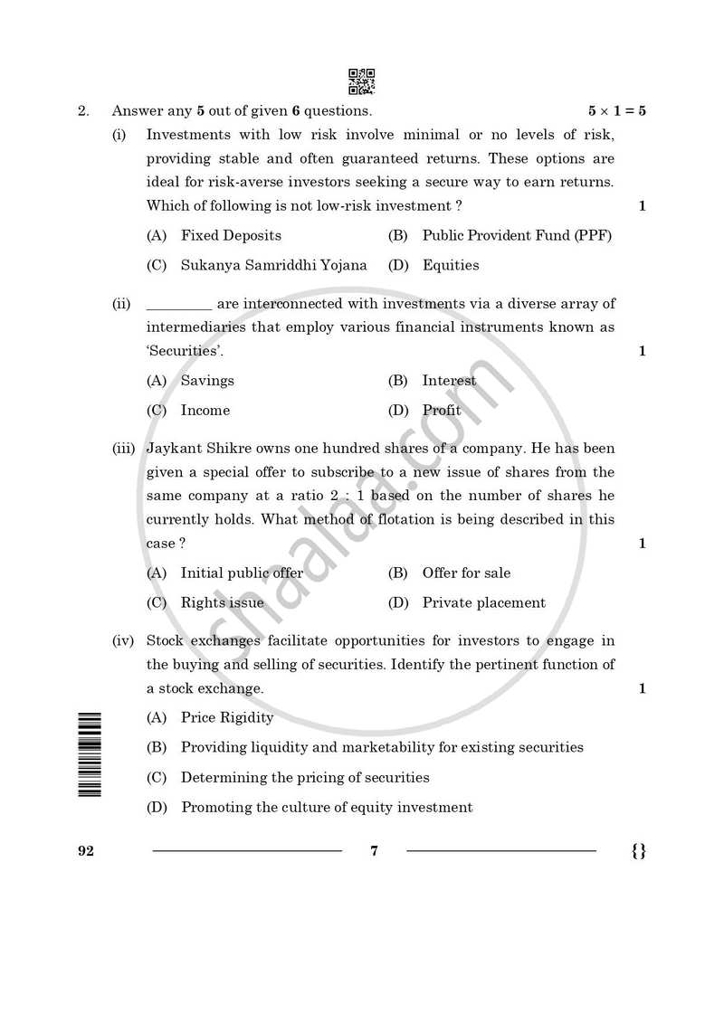 Introduction to Financial Markets 2025-2026 Class 10 - CBSE (Central Board of Secondary Education) question paper with PDF download