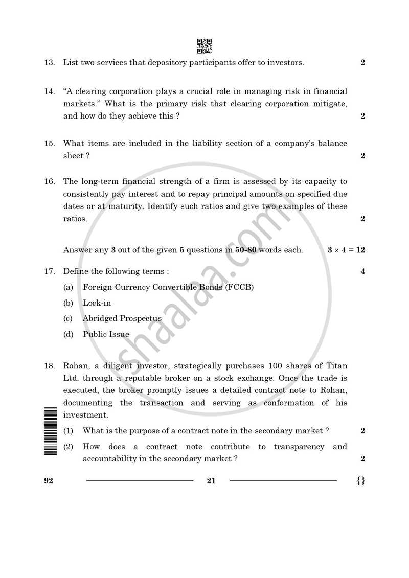 Introduction to Financial Markets 2025-2026 Class 10 - CBSE (Central Board of Secondary Education) question paper with PDF download