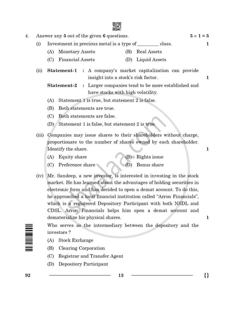 Introduction to Financial Markets 2025-2026 Class 10 - CBSE (Central Board of Secondary Education) question paper with PDF download