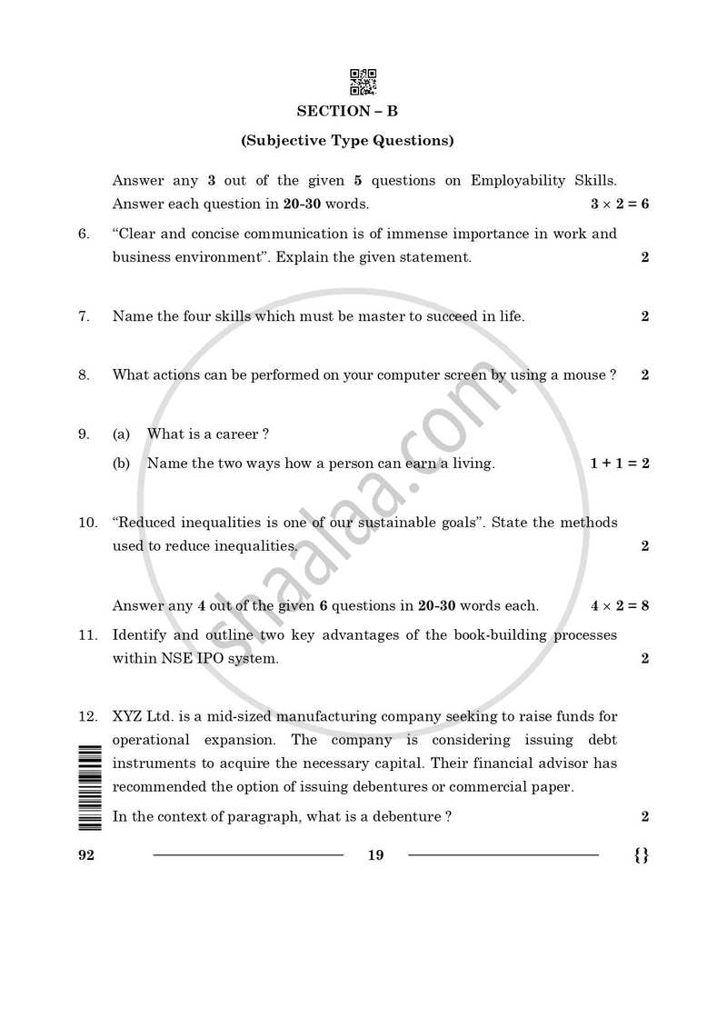 Introduction to Financial Markets 2025-2026 Class 10 - CBSE (Central Board of Secondary Education) question paper with PDF download