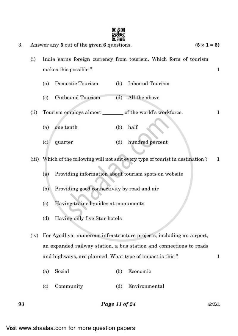 Introduction to Tourism 2022-2023 Class 10 - CBSE (Central Board of Secondary Education) question paper with PDF download