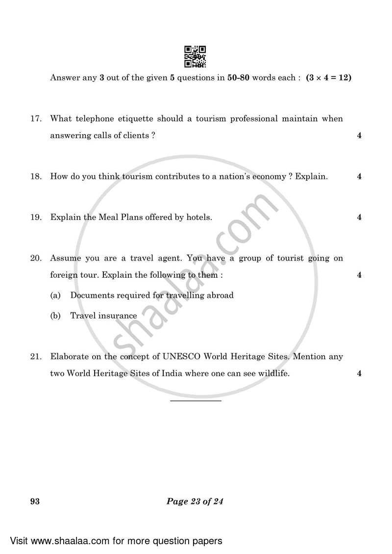 Introduction to Tourism 2022-2023 Class 10 - CBSE (Central Board of Secondary Education) question paper with PDF download
