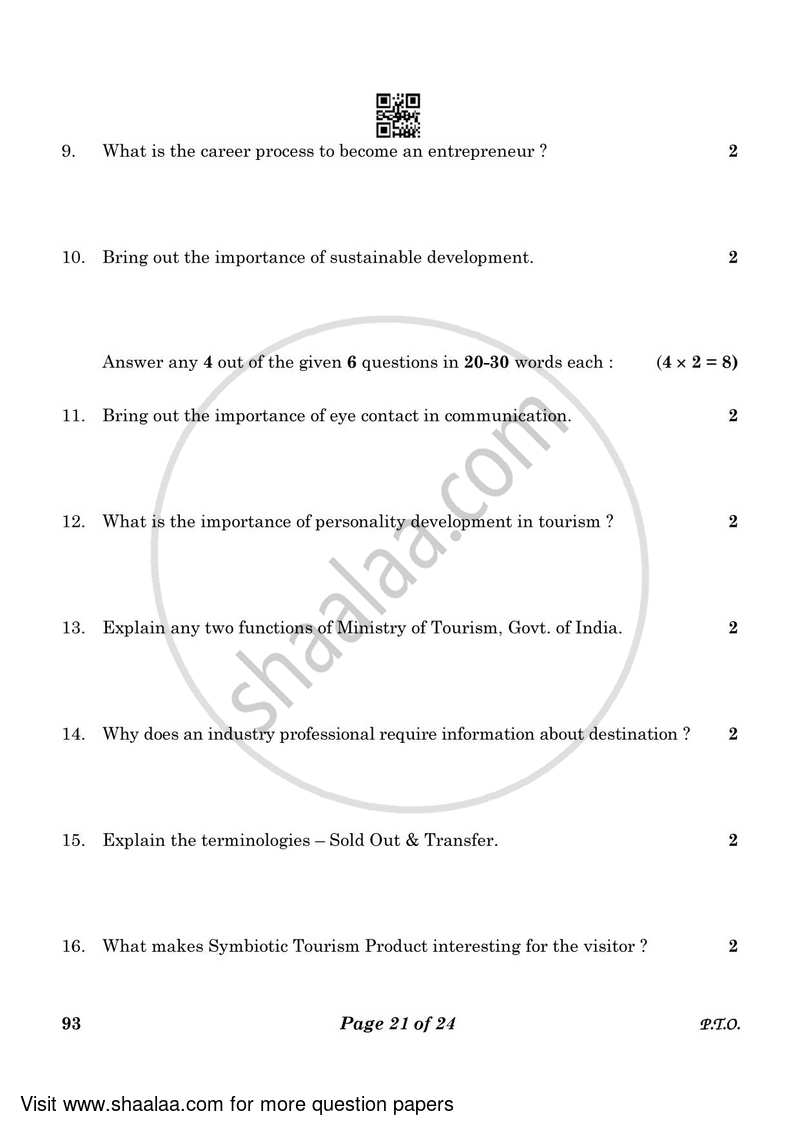 Introduction to Tourism 2022-2023 Class 10 - CBSE (Central Board of Secondary Education) question paper with PDF download