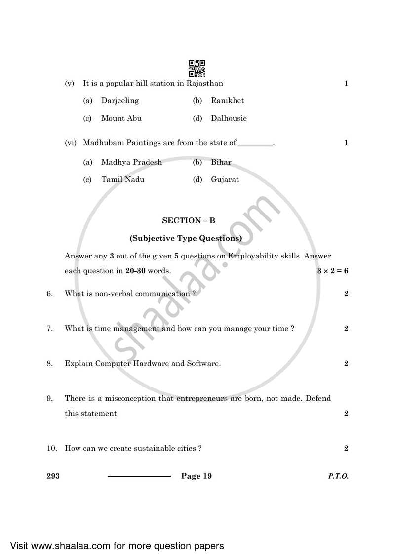 Introduction to Tourism 2023-2024 Class 10 - CBSE (Central Board of Secondary Education) question paper with PDF download