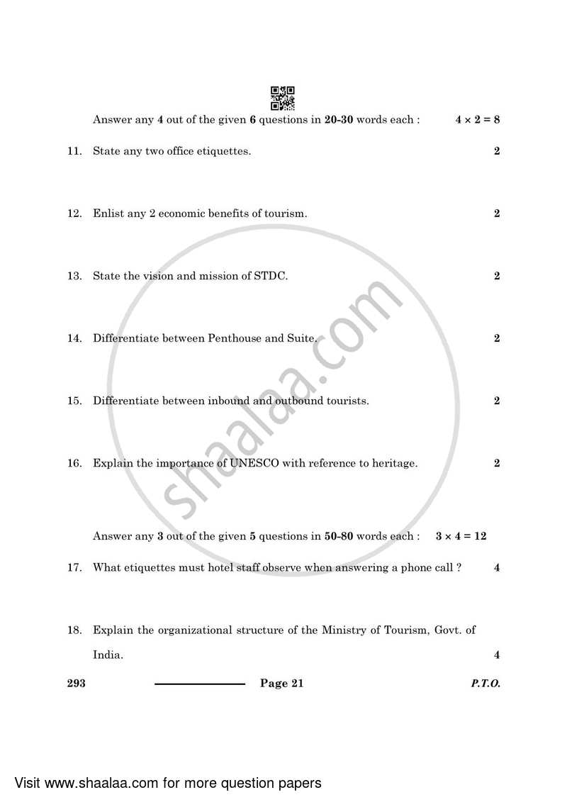 Introduction to Tourism 2023-2024 Class 10 - CBSE (Central Board of Secondary Education) question paper with PDF download