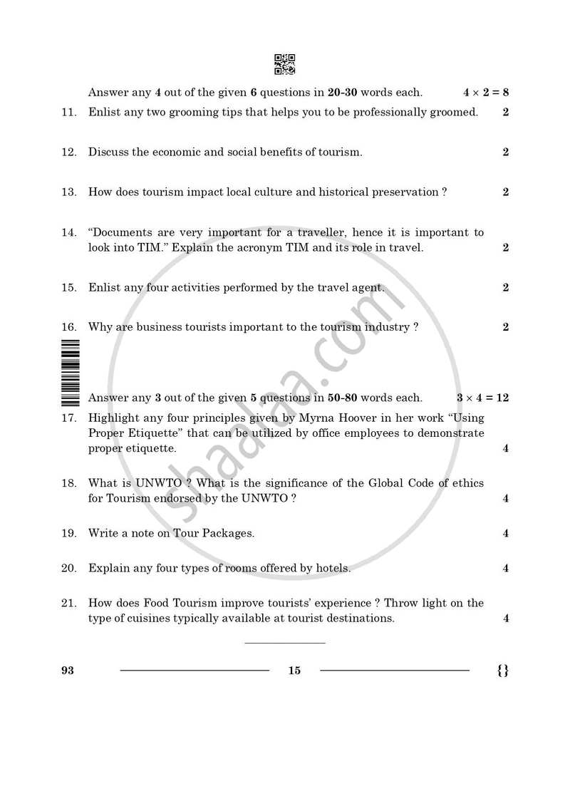 Introduction to Tourism 2025-2026 Class 10 - CBSE (Central Board of Secondary Education) question paper with PDF download