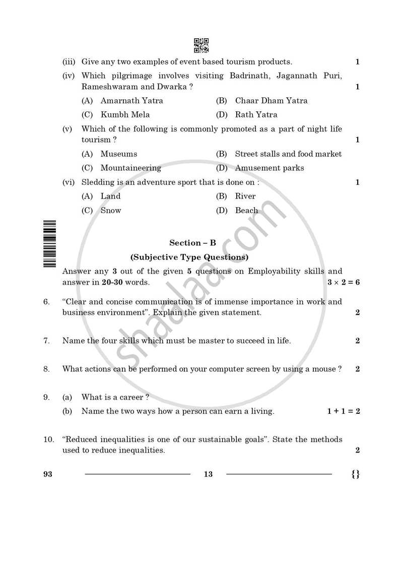 Introduction to Tourism 2025-2026 Class 10 - CBSE (Central Board of Secondary Education) question paper with PDF download