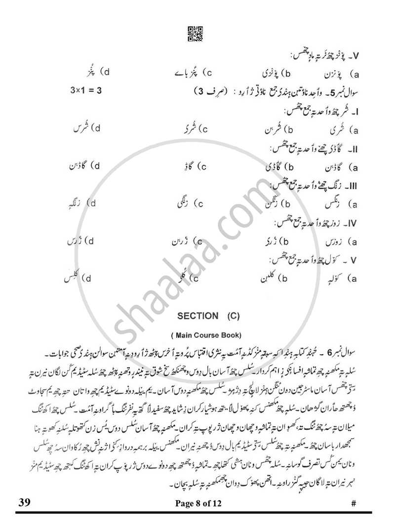 Kashmiri 2024-2025 Class 10 - CBSE (Central Board of Secondary Education) question paper with PDF download