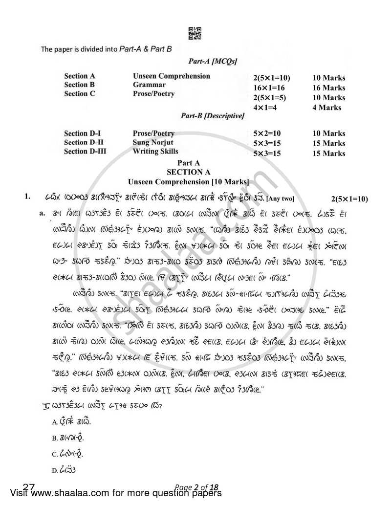 Lepcha 2022-2023 Class 10 - CBSE (Central Board of Secondary Education) question paper with PDF download