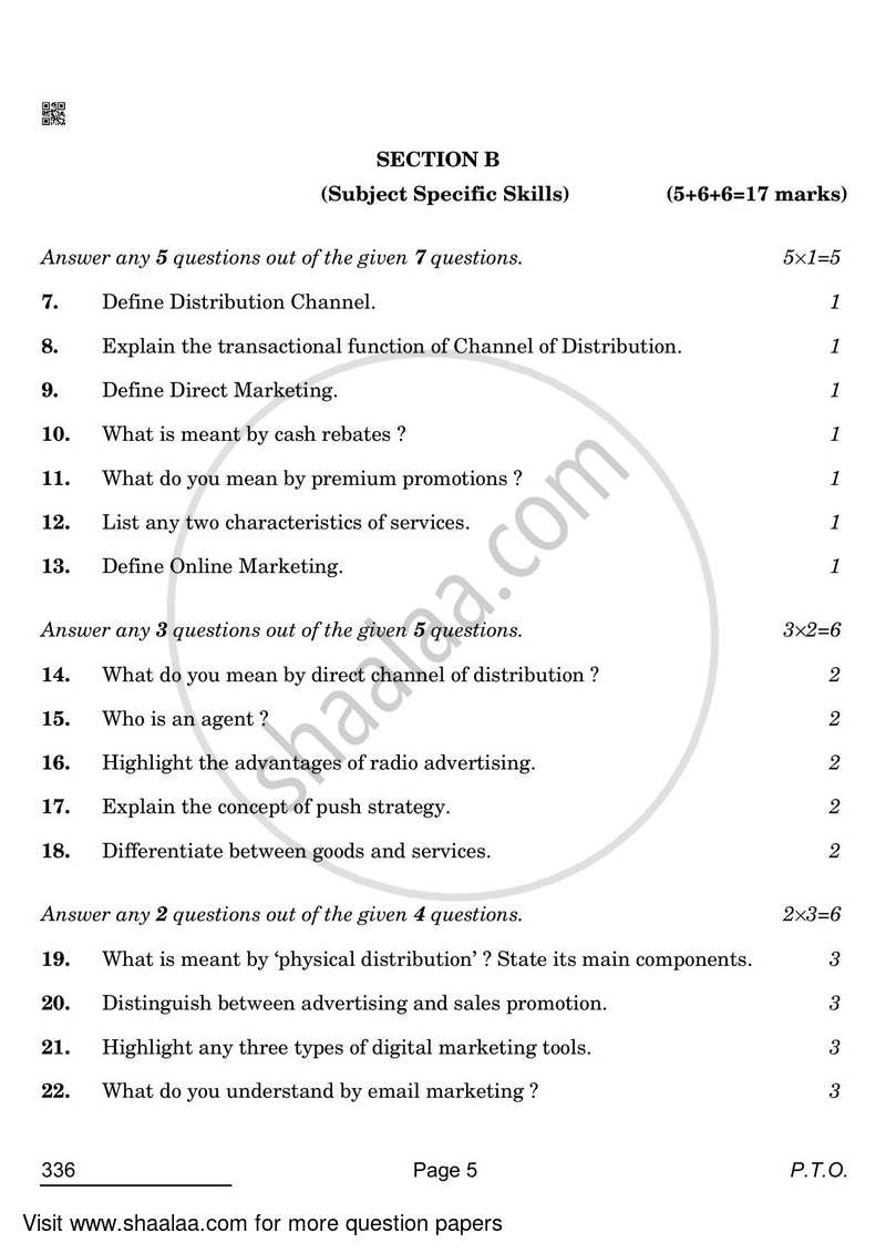 Marketing 2021-2022 Class 12 - CBSE (Central Board of Secondary Education) question paper with PDF download