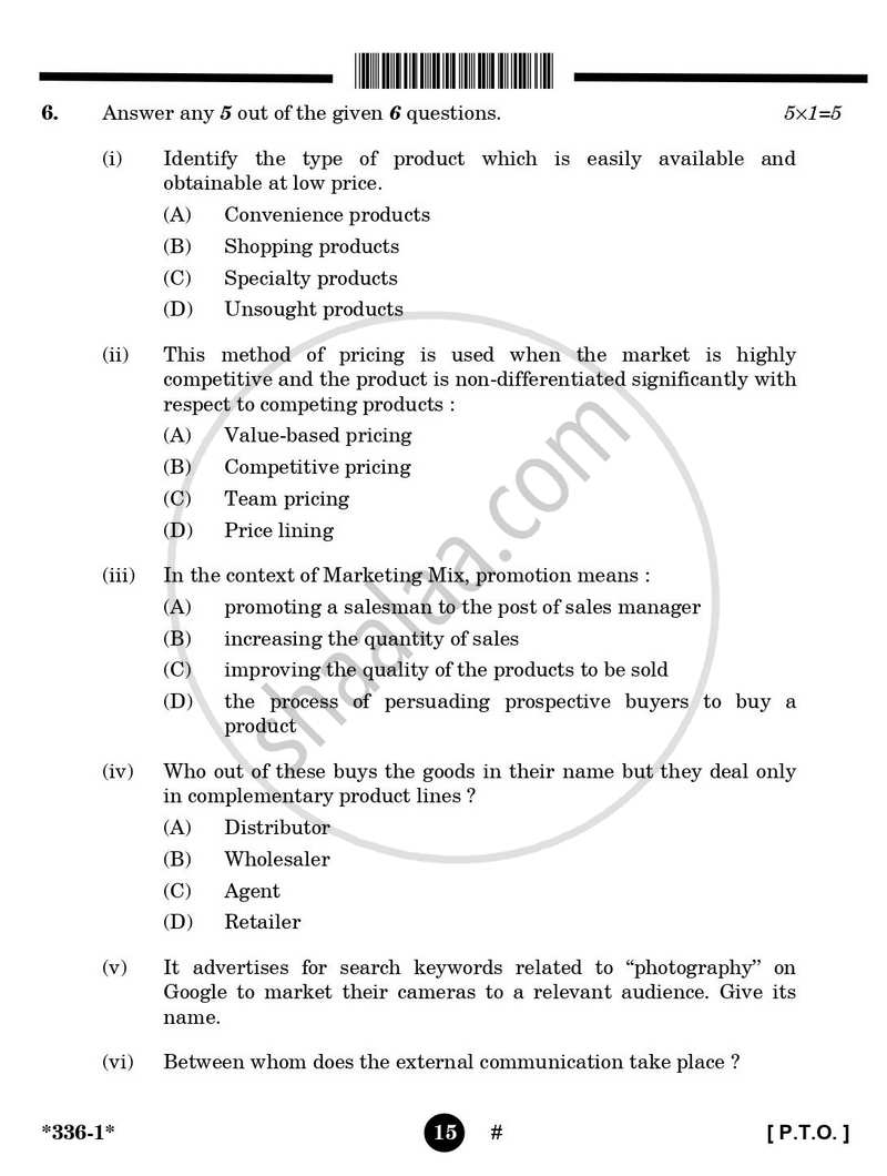 Marketing 2024-2025 Class 12 - CBSE (Central Board of Secondary Education) question paper with PDF download