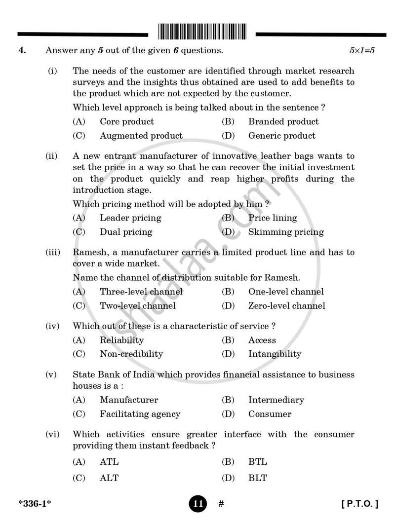 Marketing 2024-2025 Class 12 - CBSE (Central Board of Secondary Education) question paper with PDF download