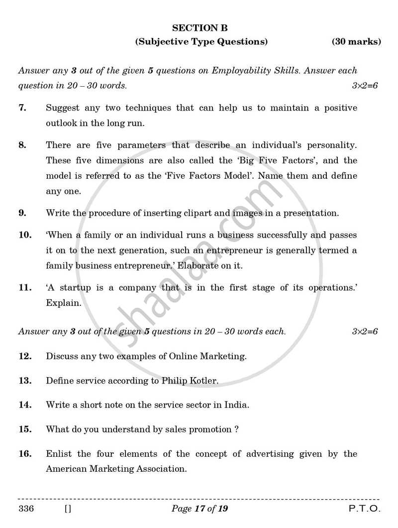 Marketing 2025-2026 Class 12 - CBSE (Central Board of Secondary Education) question paper with PDF download