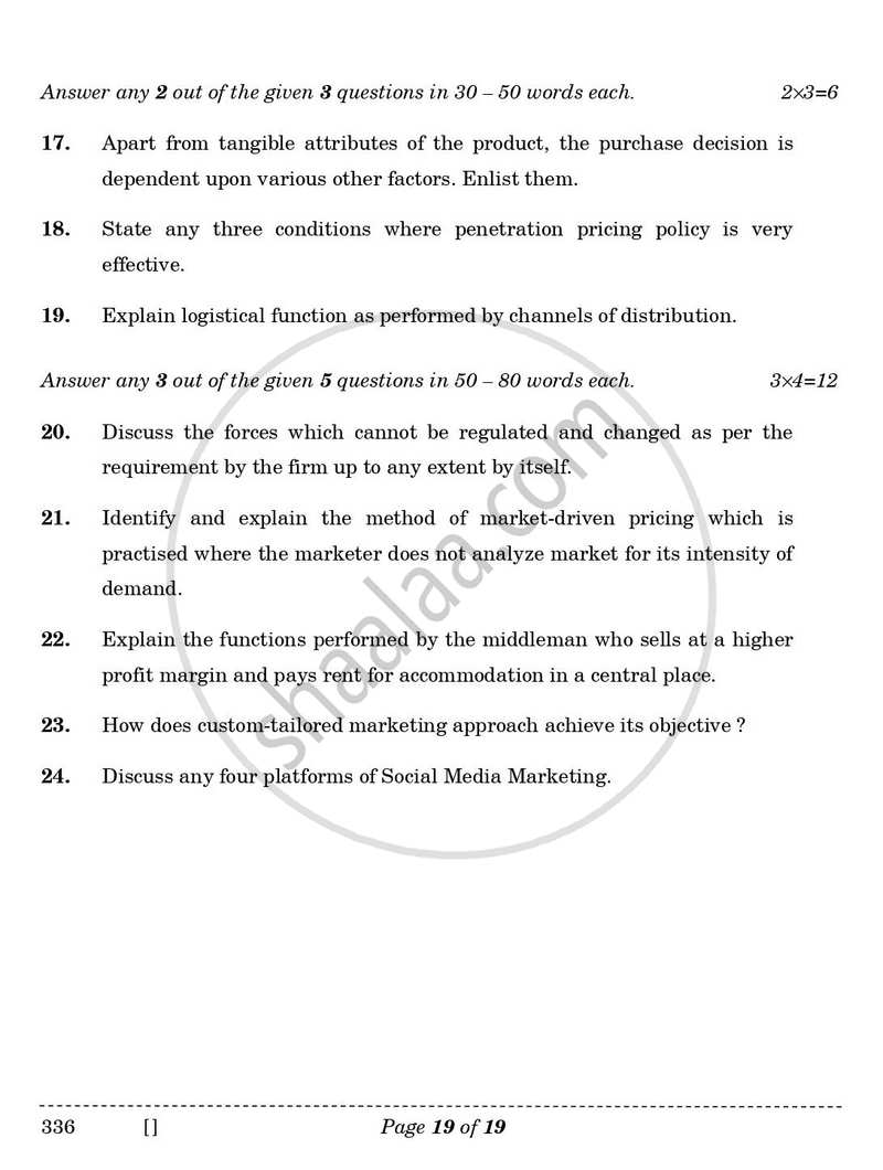 Marketing 2025-2026 Class 12 - CBSE (Central Board of Secondary Education) question paper with PDF download